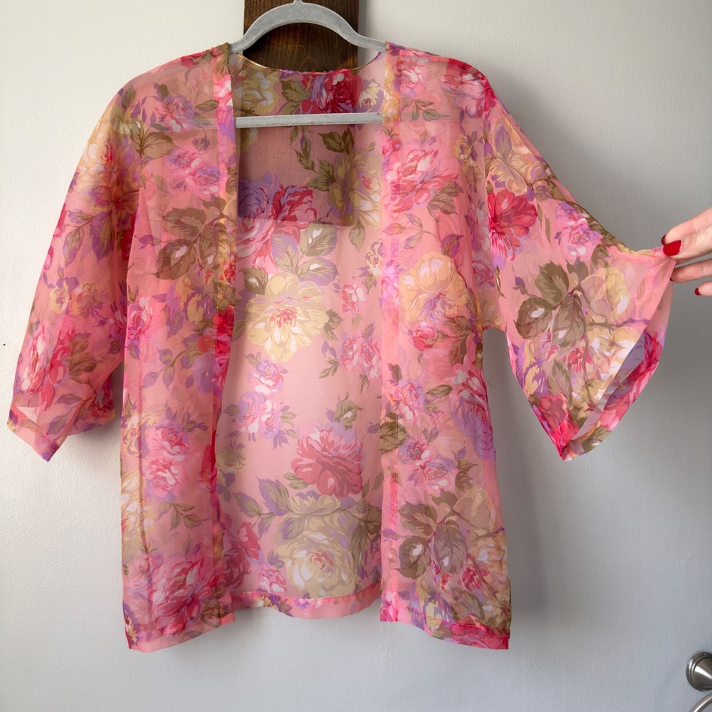 Fairycore Sheer Mesh Floral Kimono Cardigan Open Front Pink Coverup OS